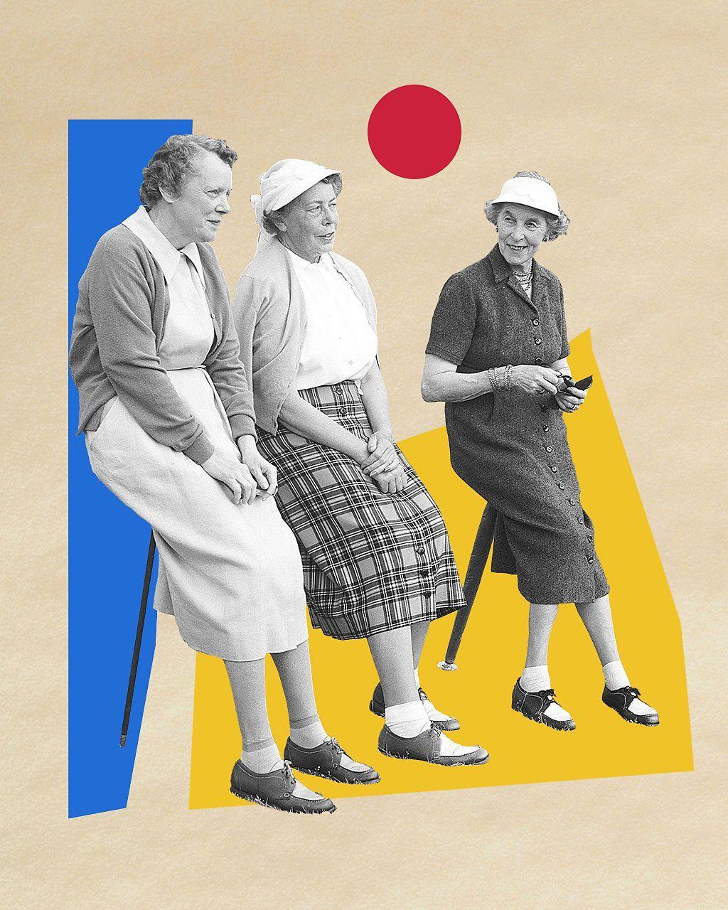 Tr&ecirc;s idosas encostadas numa parede, em montagem