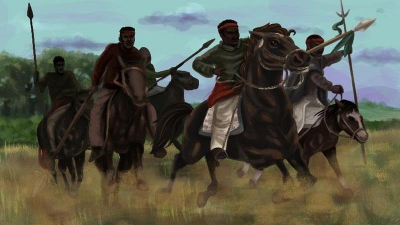 Representação artística dos Lanceiros Negros, que lutaram na Revolução Farroupilha e foram vítimas do trágico Massacre de Porongos