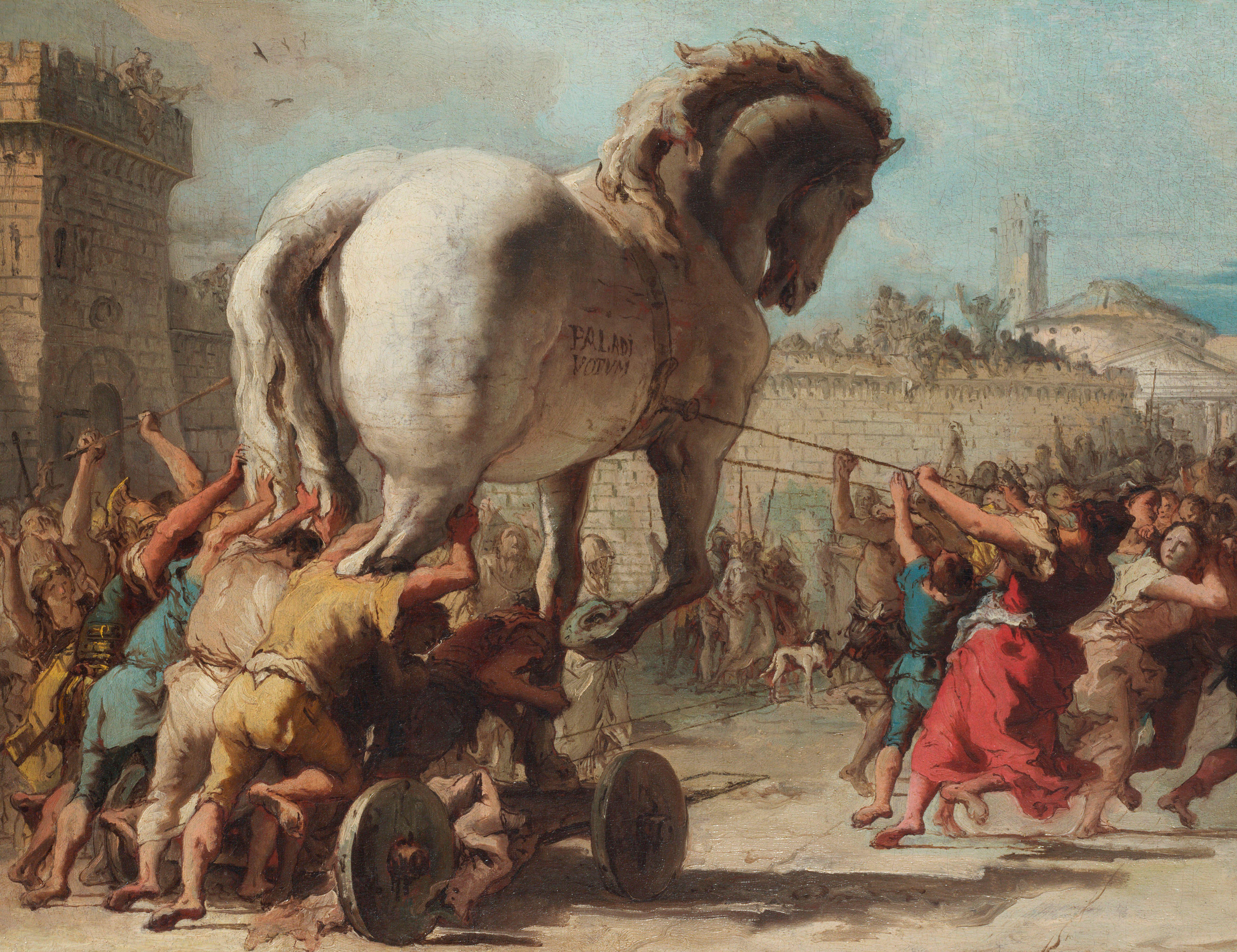 Pintura mostra v&aacute;rios homens puxando o Cavalo de Troia