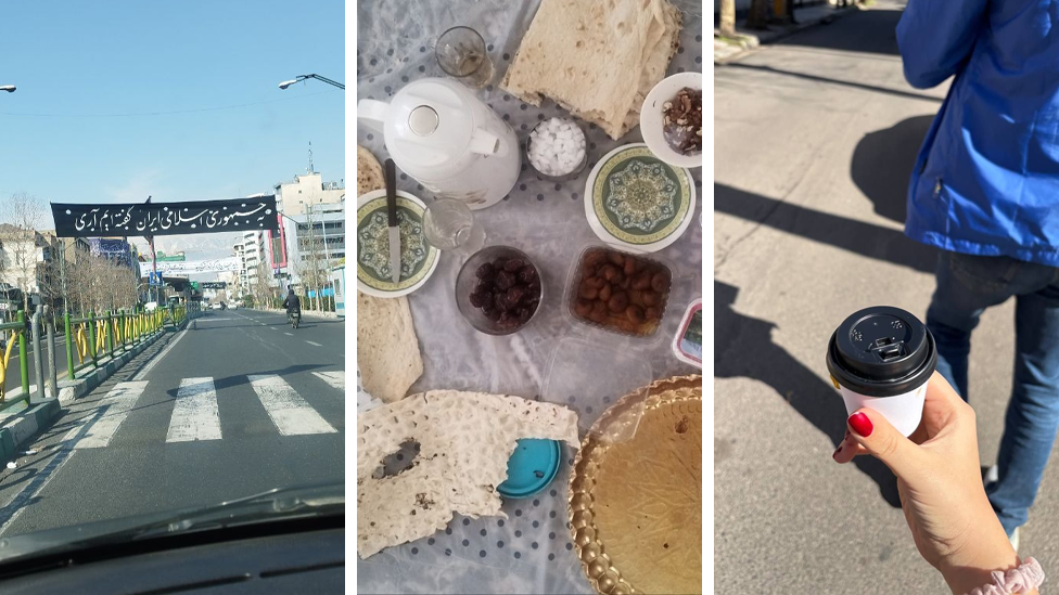 테헤란의 거의 텅 빈 도로, 이란의 한 가정집에서 차려진 식사, 커피잔을 들고 있는 여성의 손 사진