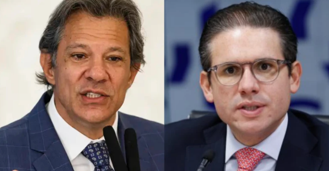 Montagem com foto de Fernando Haddad (à esquerda) e Hugo Motta (à direita)