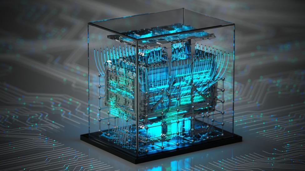 Una imagen azul y verde que hace referencia a la computación cuántica.