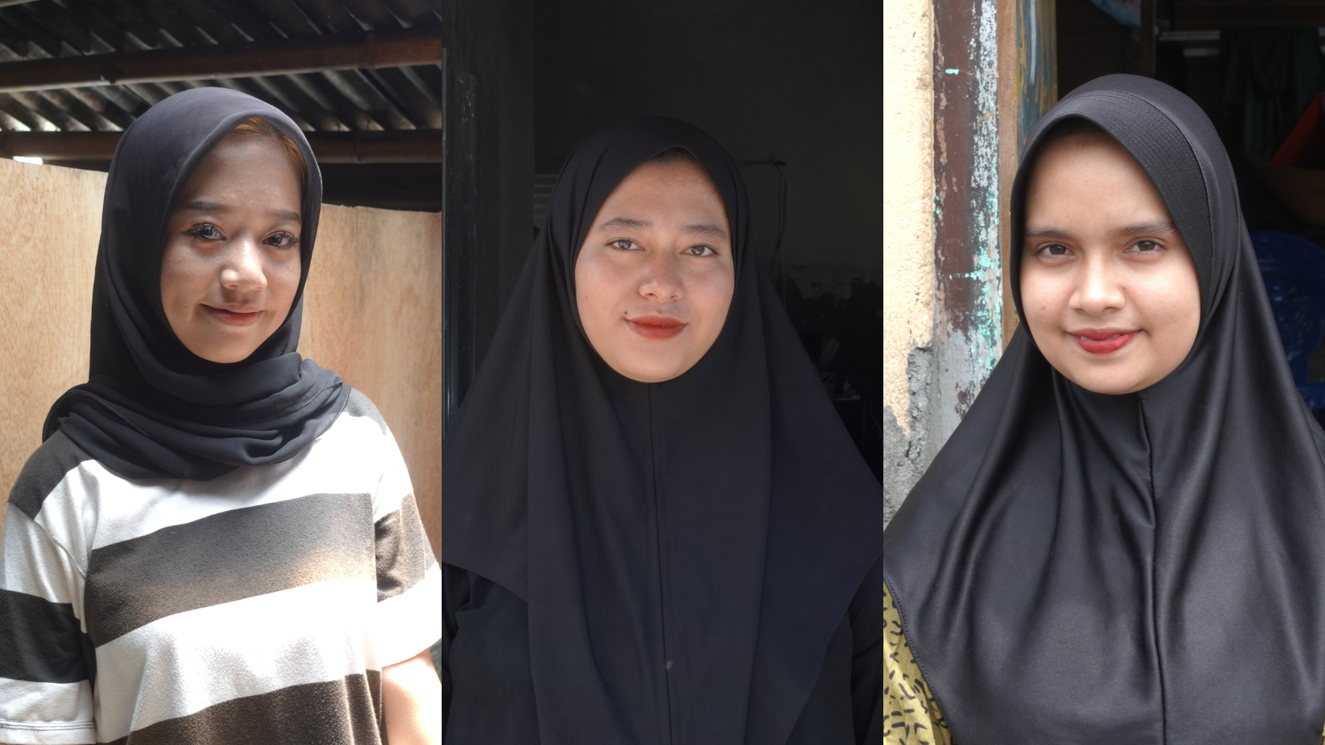 Esti, Aminah y Fatma. Las tres jóvenes visten hijab negro y sonríen a la cámara