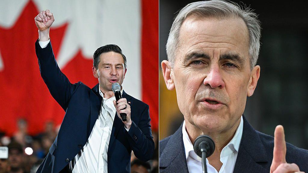 Uma imagem composta mostra à esquerda o líder conservador Pierre Poilievre levantando o braço enquanto fala ao microfone em um comício, com uma bandeira canadense atrás dele. À direita, o liberal Mark Carney, também falando ao microfone.