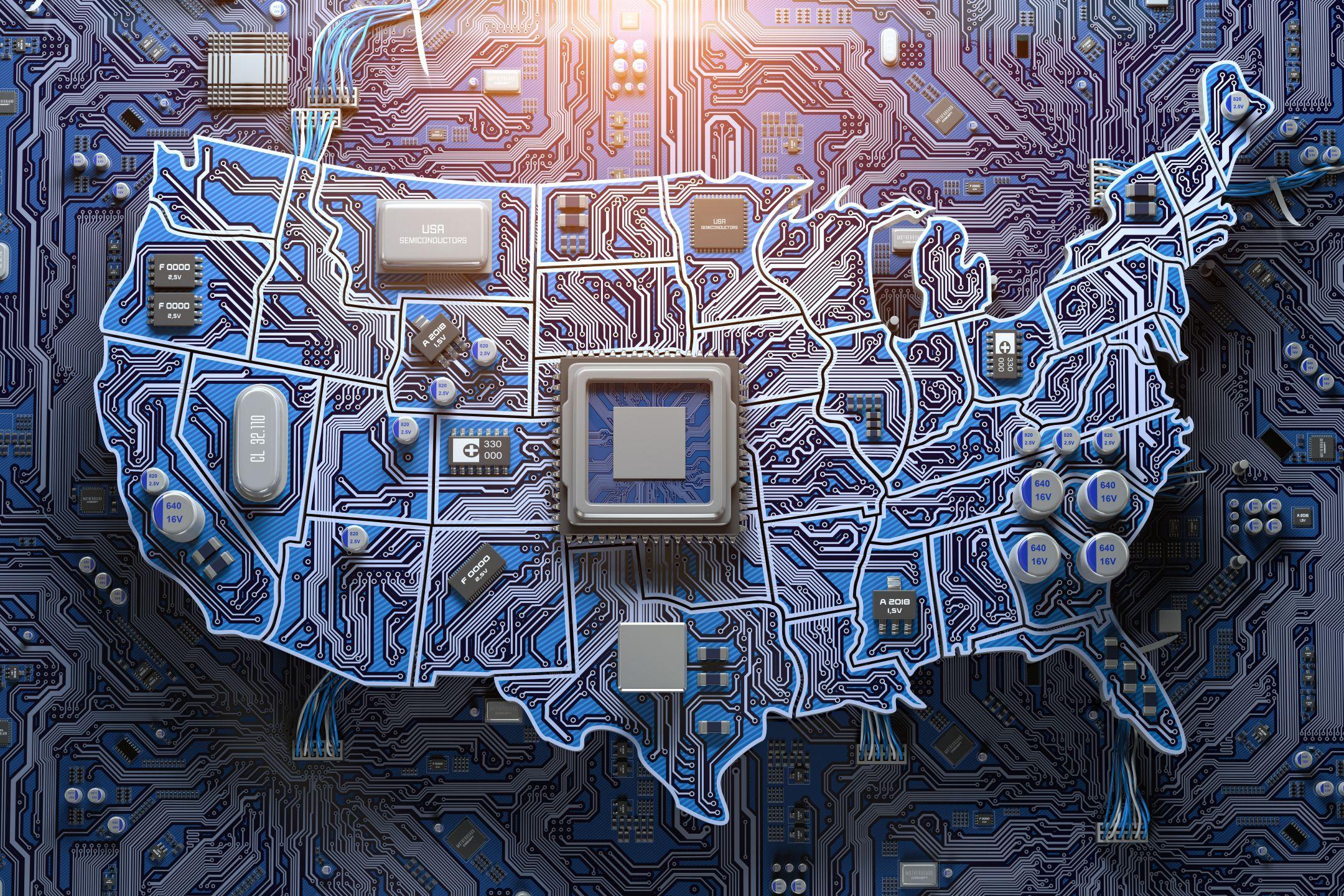 Mapa dos EUA repleto de peças de microchips