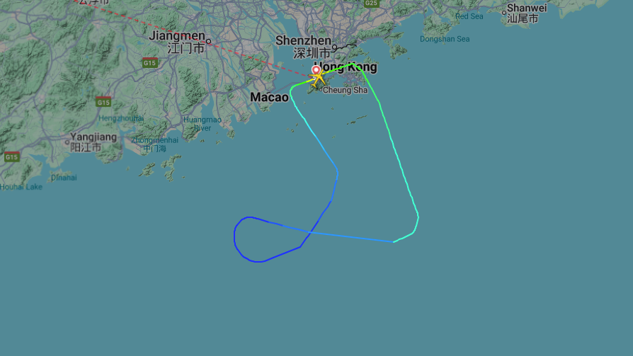 Flightradar24.com 所紀錄 AI315 航班盤旋後折返香港的飛行軌跡（16/6/2025）