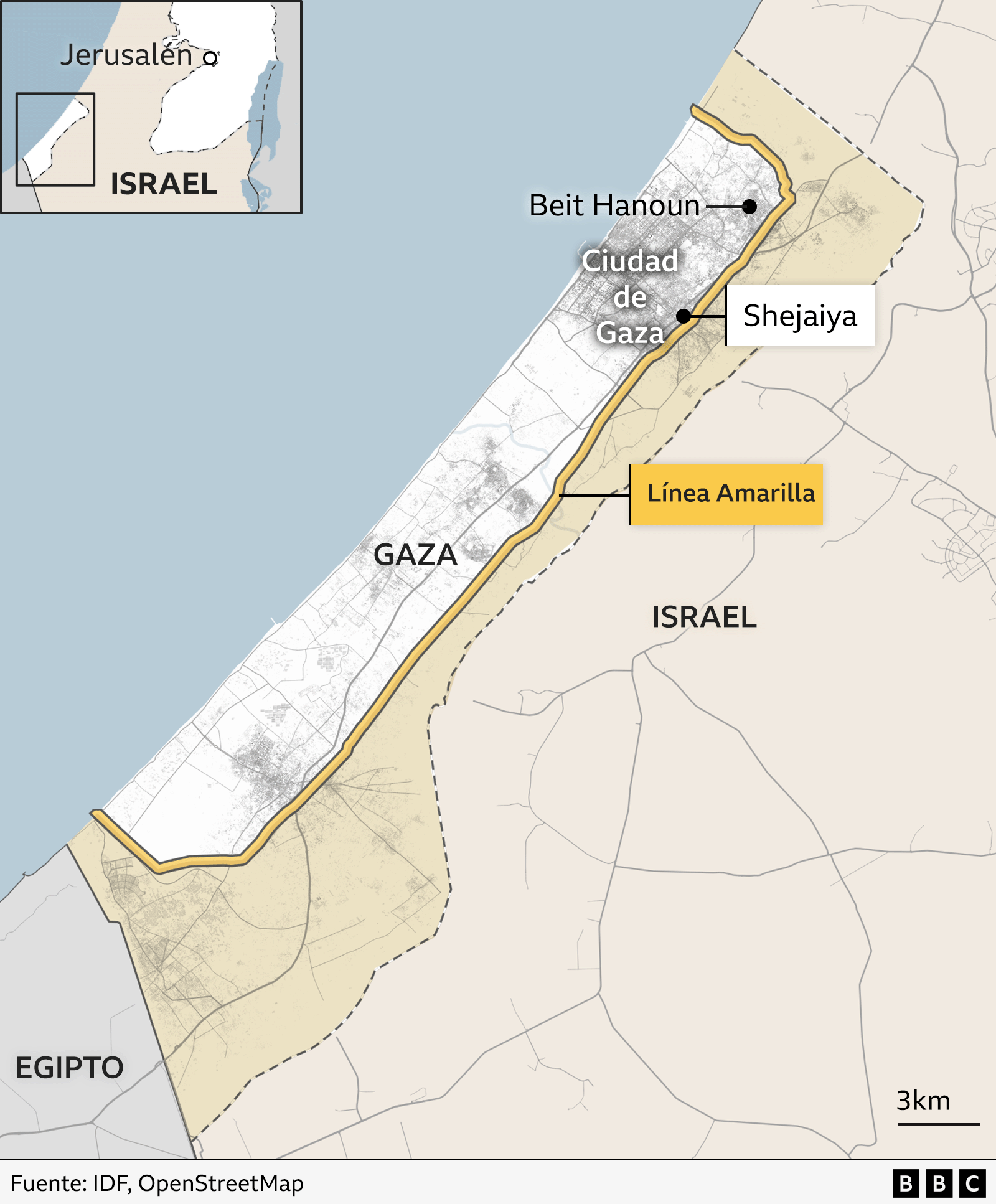 Mapa que muestra la línea amarilla que divide Gaza.