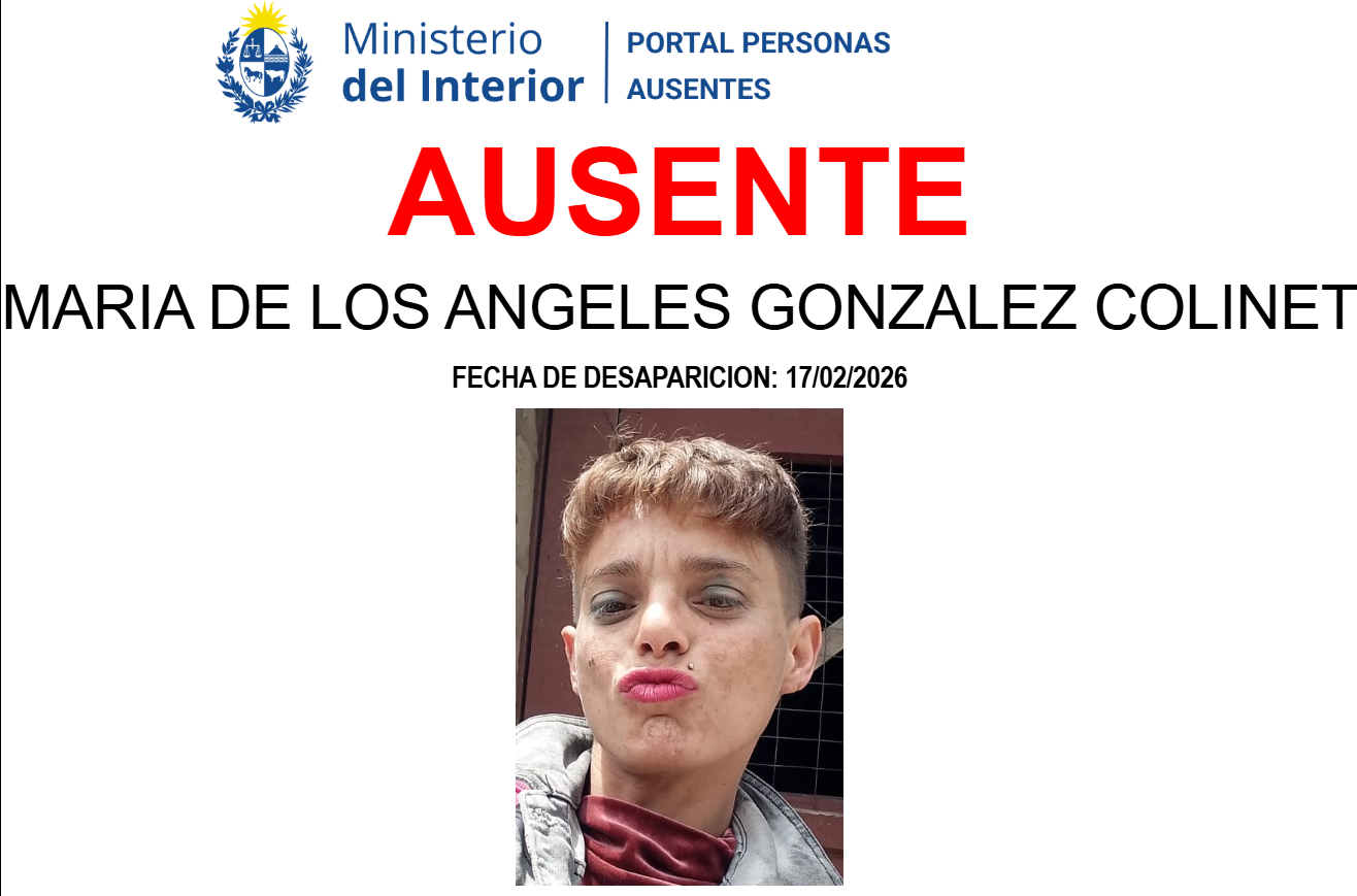 Ficha del Ministerio del Interior de Uruguay sobre la desaparición de María de los Ángeles González Colinet desde el 17 de febrero de 2026, con una foto de la mujer.
