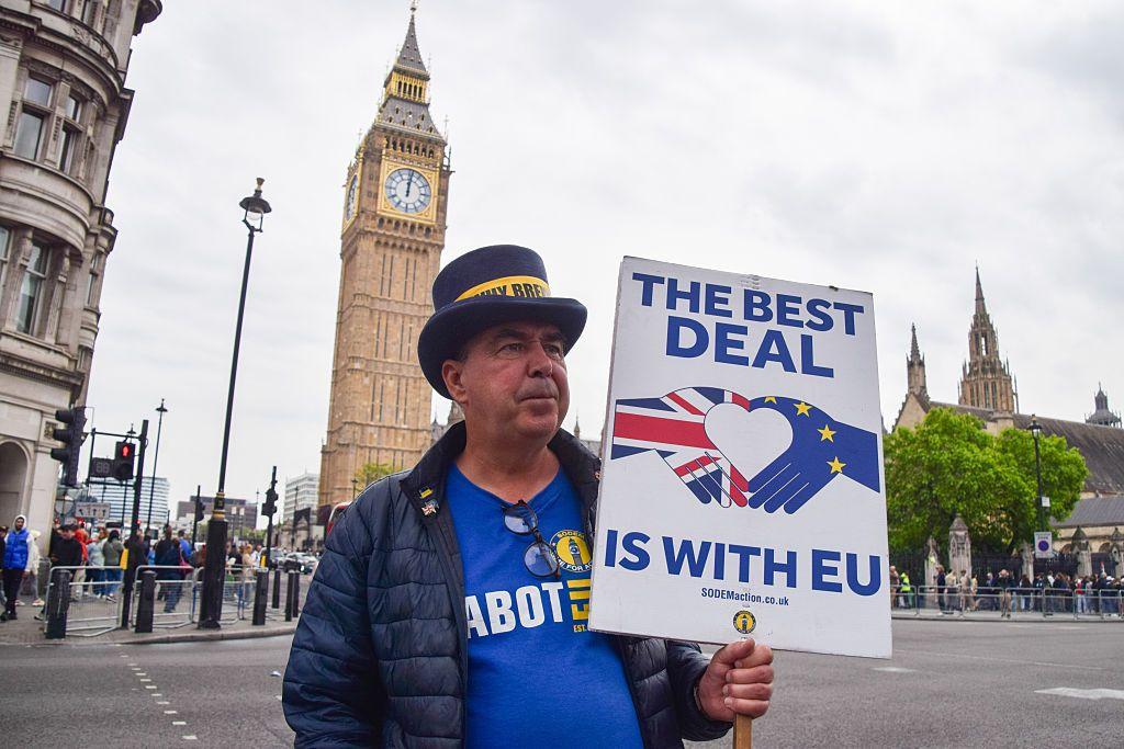 الناشط المناهض لخروج بريطانيا من الاتحاد الأوروبي، ستيف براي، يحمل لافتة مؤيدة للاتحاد الأوروبي خلال احتجاج في ساحة البرلمان، يدعو فيه الحكومة إلى الانضمام مجدداً إلى الاتحاد الأوروبي.