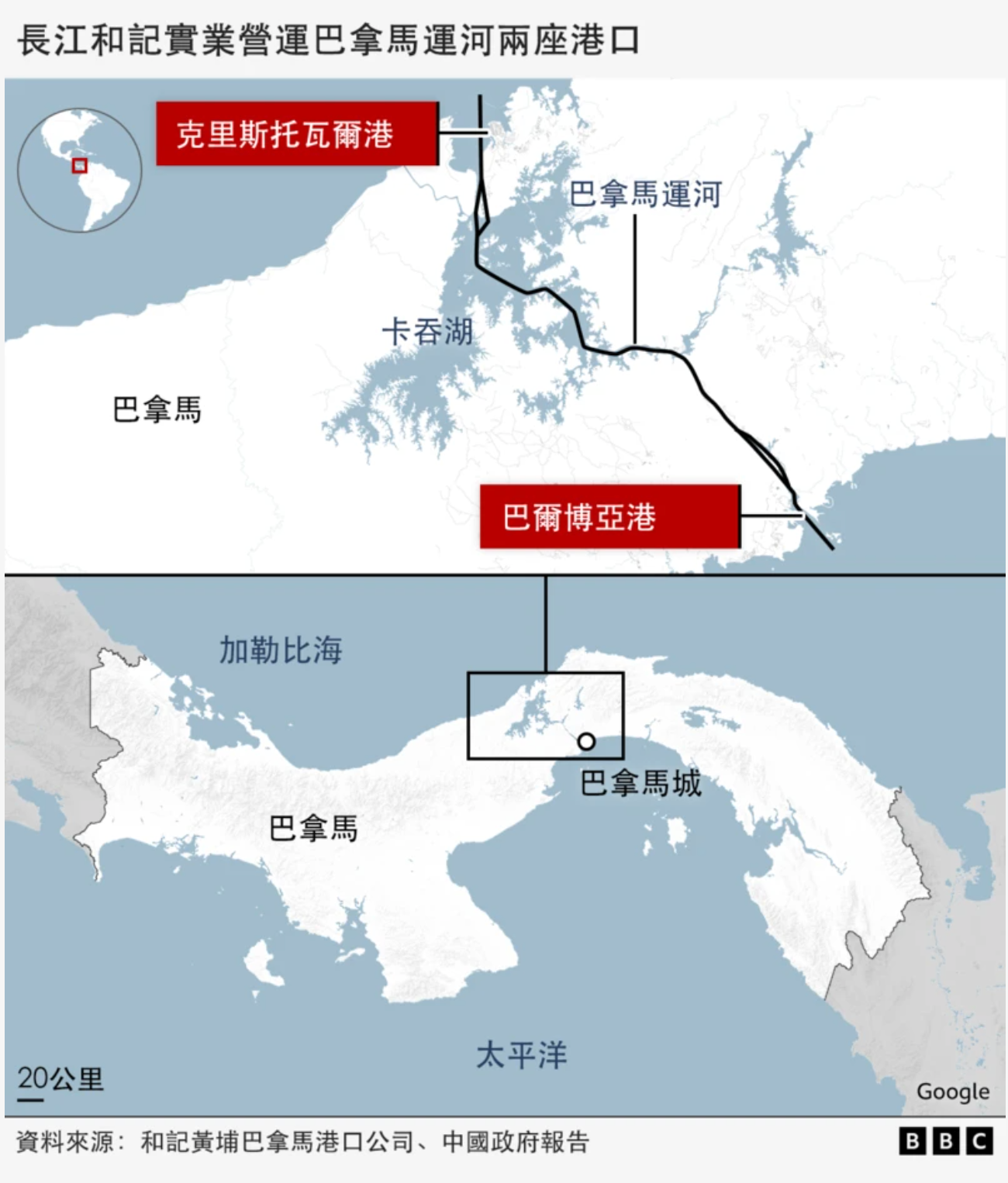 長江和記實業運營巴拿馬運河兩座港口的地圖