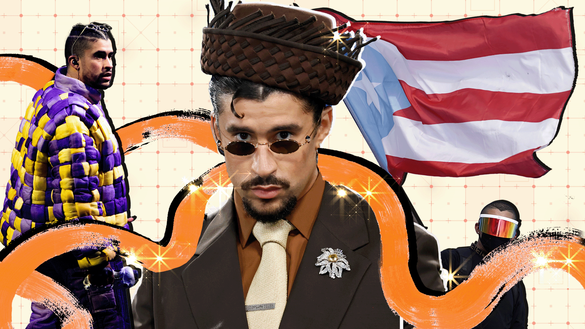 Un mosaico de fotos de Bad Bunny que lo muestran durante un concierto, mirando a la cámara con una pava típica de Puerto Rico y ondeando la bandera de la isla.