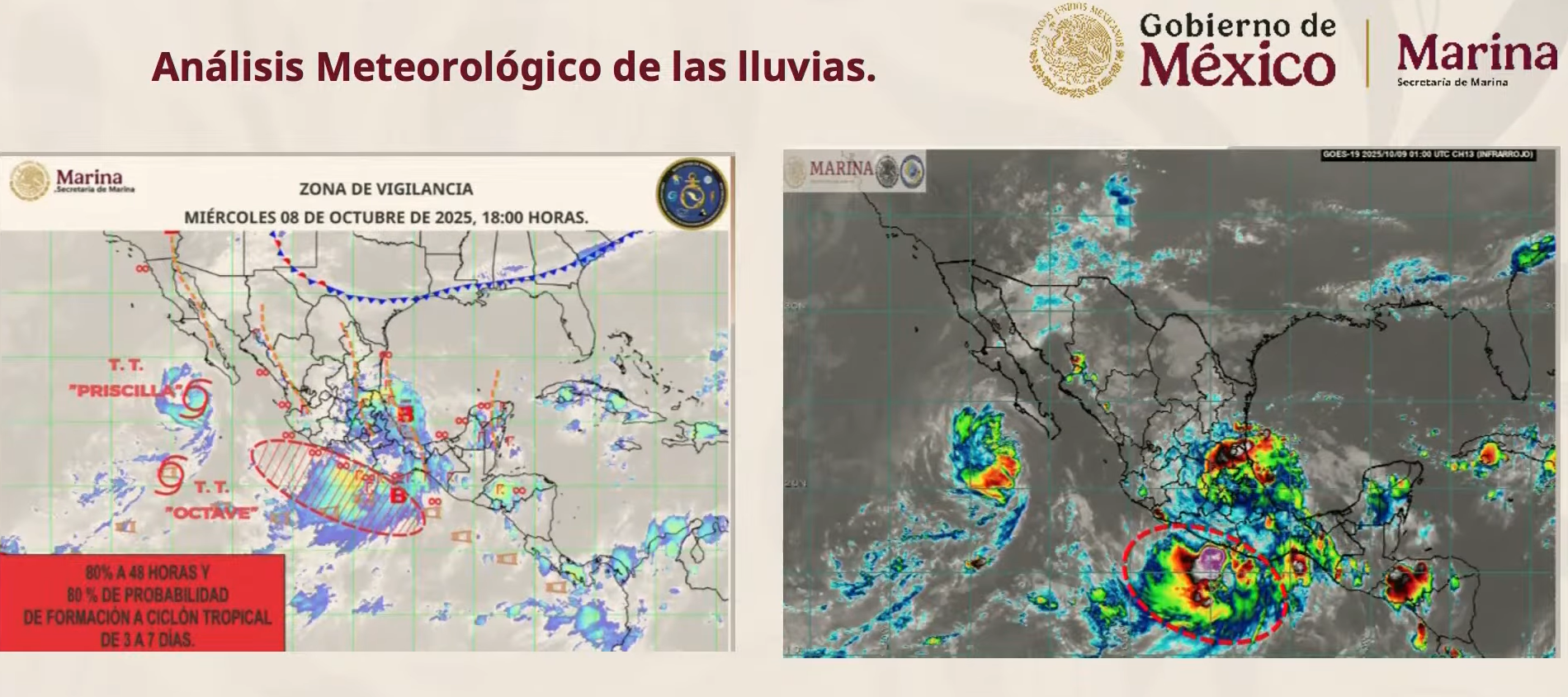 Dos mapas meteorológicos que muestran la presencia de tormentas y humedad en el territorio mexicano
