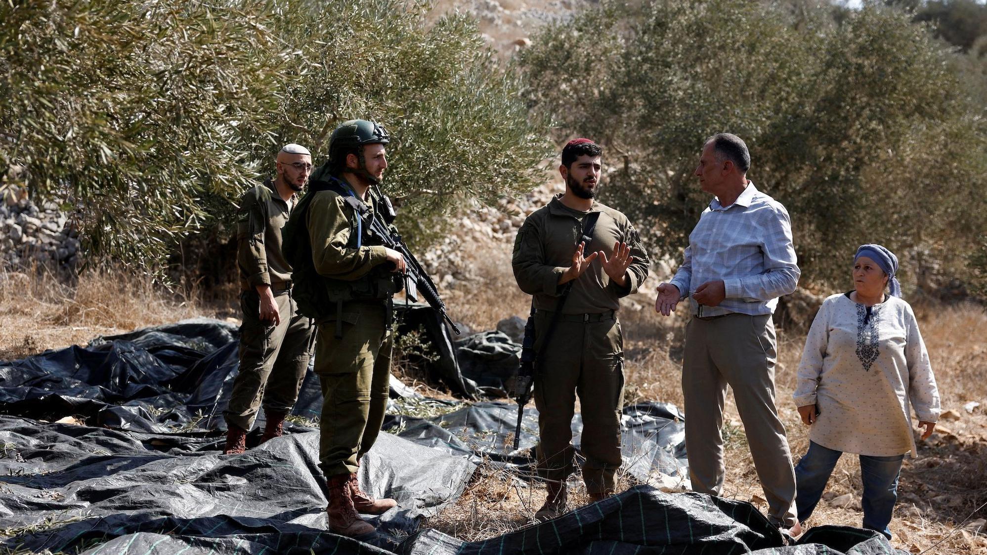 Tentara Israel berhadapan dengan dua petani tua Palestina, mencegah mereka memetik buah zaitun di Tepi Barat yang diduduki Israel.