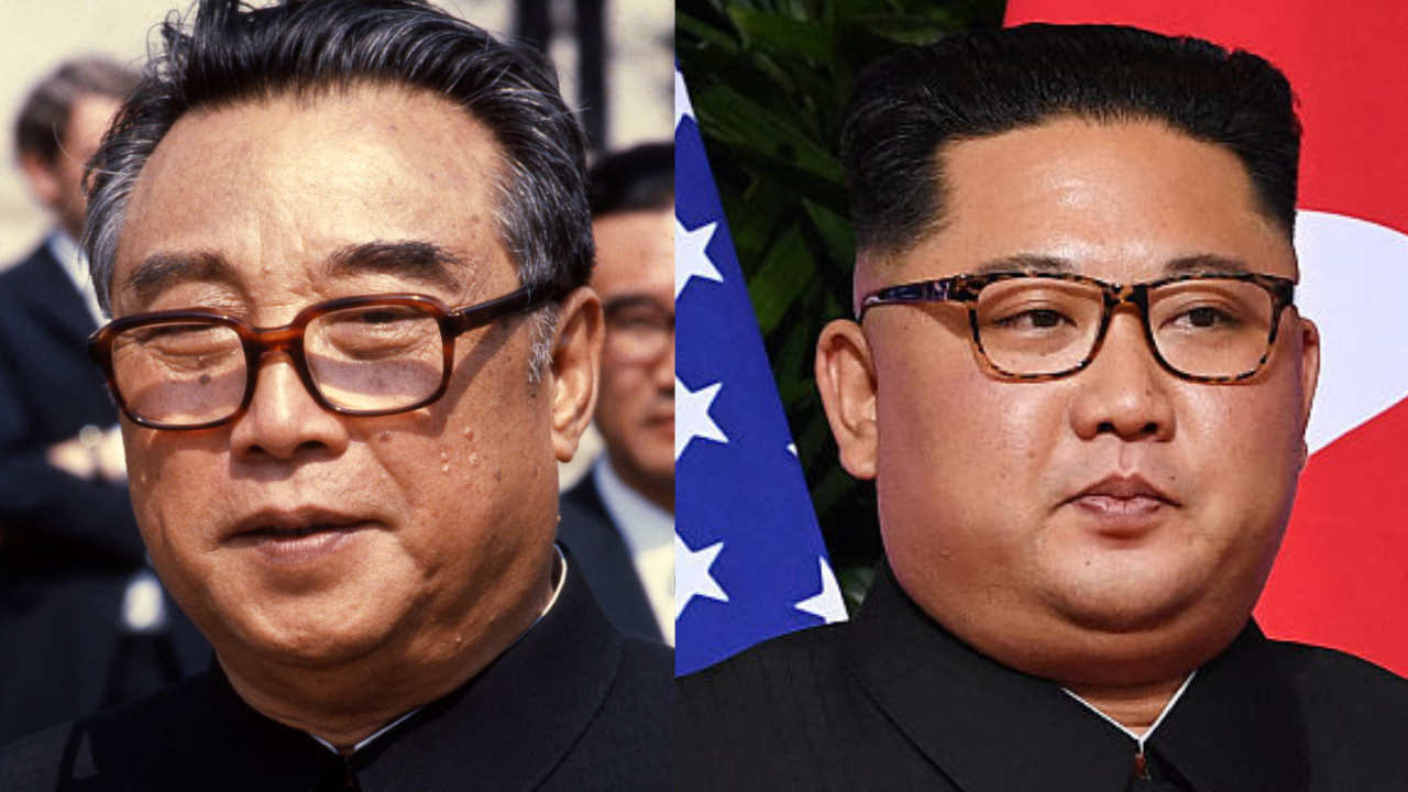 1980년 4월 1일자 김일성 주석(왼쪽)과  2018년 6월 12일 싱가포르 북미회담을 위해 현지에 도착한 후 사진 촬영에 응하는 김정은 국무위원장(오른쪽)