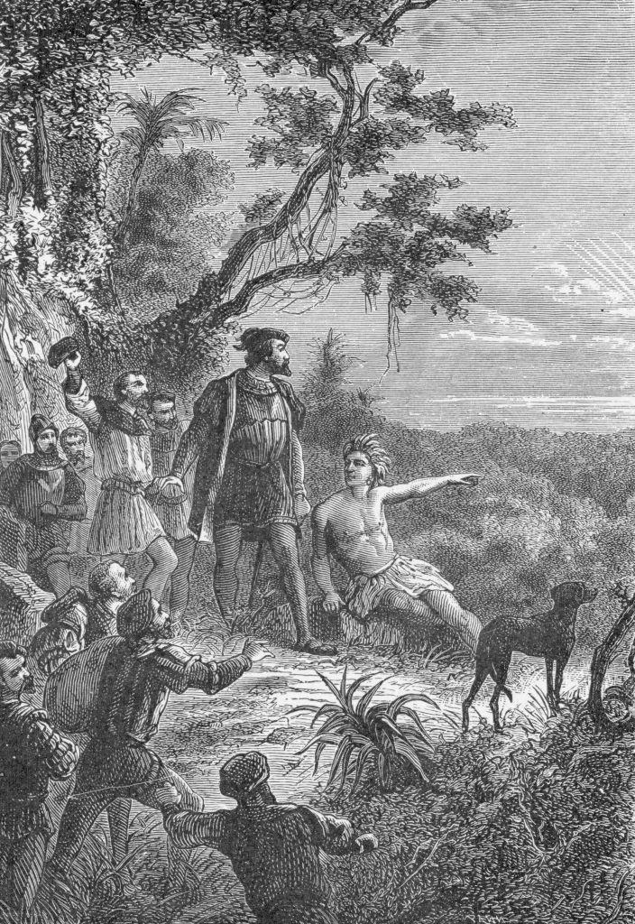 Una ilustración de Vasco Núñez de Balboa y otras personas en el momento de su descubrimiento del Pacífico en el oeste de lo que hoy es Panamá