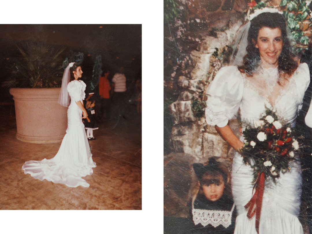 丹妮的婚禮。兩張照片中，小時候的喬丹站在身穿婚紗的母親身旁。