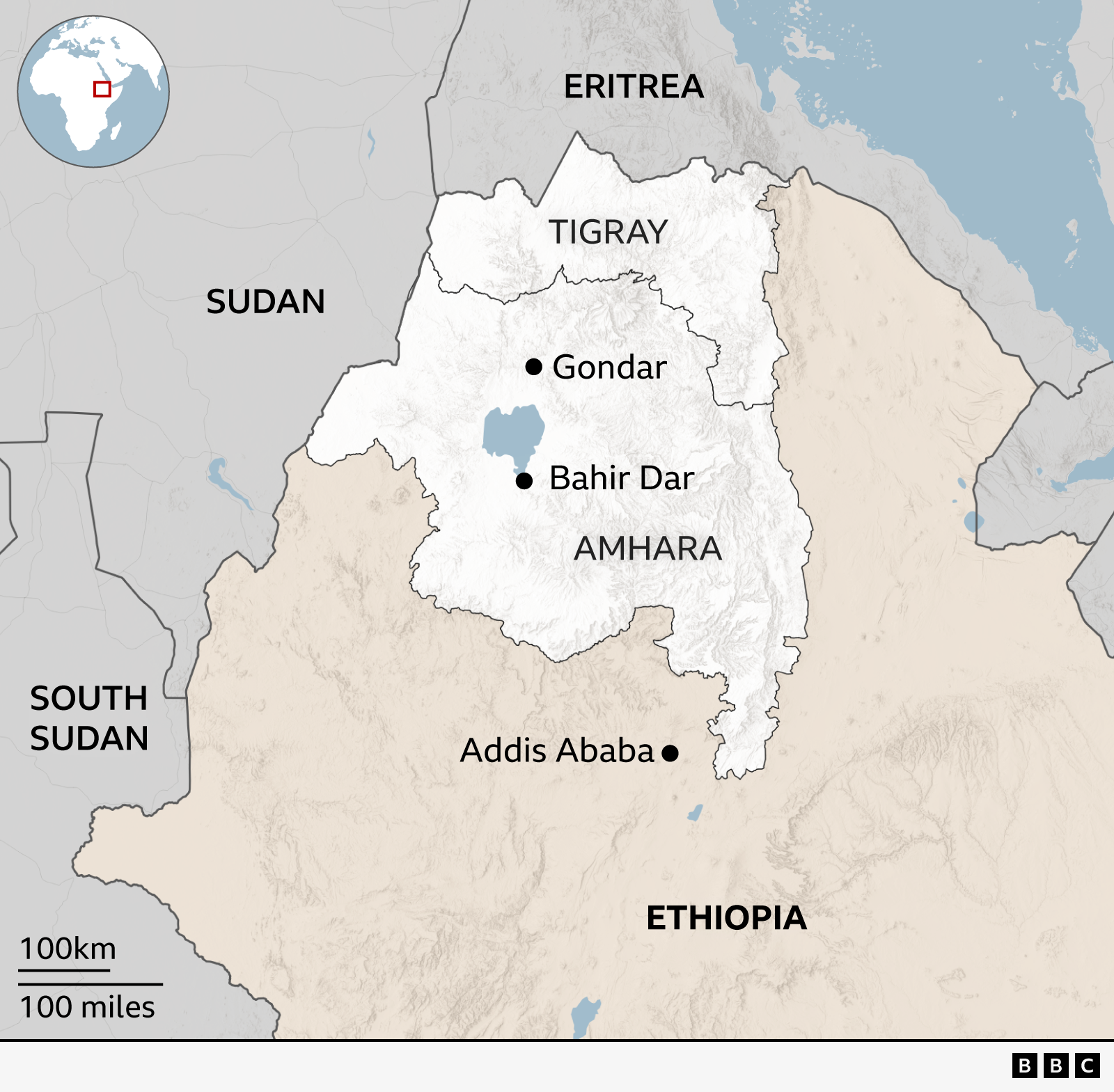 Map showing the location of Amhara in north-west Ethiopia. The Tigray region is to the north of Amhara. Ethiopia's neighbours, Eritrea (to the north), Sudan and South Sudan (to the west) are also shown.