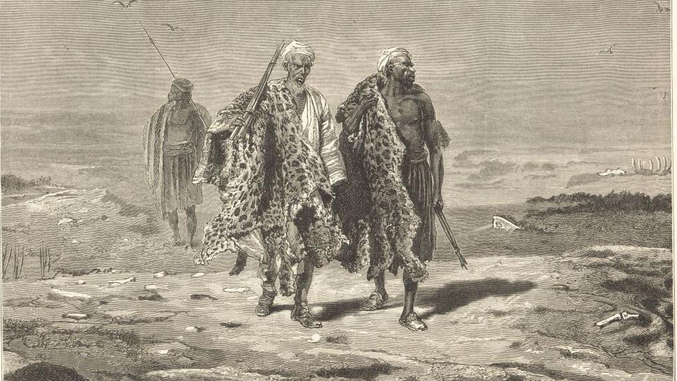 لوحة من القرن التاسع عشر للبريطاني هنري والتر بايتس تظهر باعة جلد النمر في بغداد