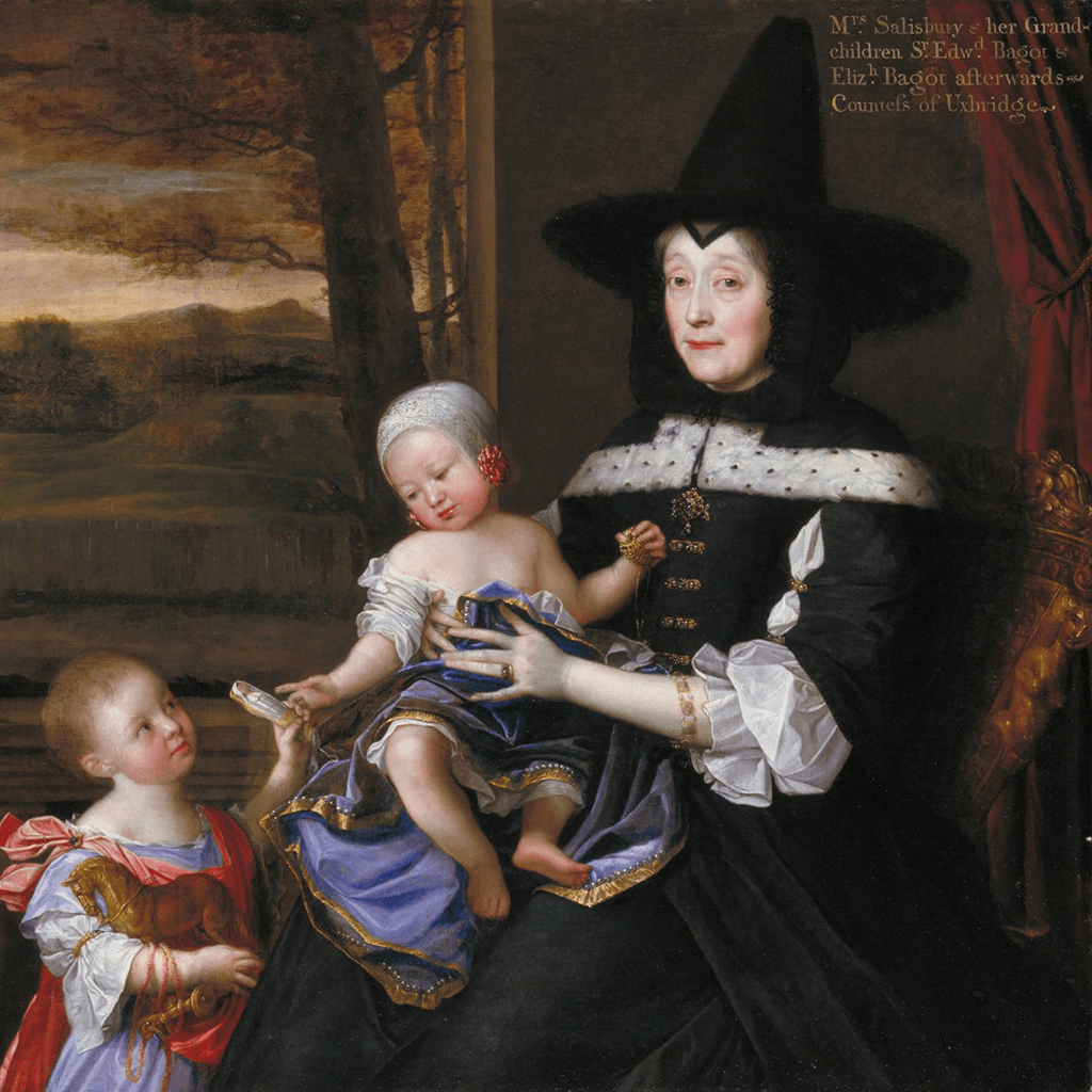 Retrato clásico de una persona vestida con atuendo negro y sombrero ancho, sosteniendo a un bebé con ropa elegante, junto a otro niño en primer plano.