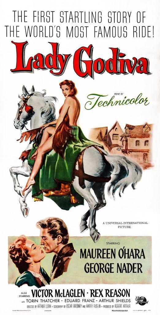 Póster de la película Lady Godiva de Coventry, arriba: ilustración de Maureen O'Hara a caballo; abajo a la izquierda: Maureen O'Hara y George Nader, 1955. 