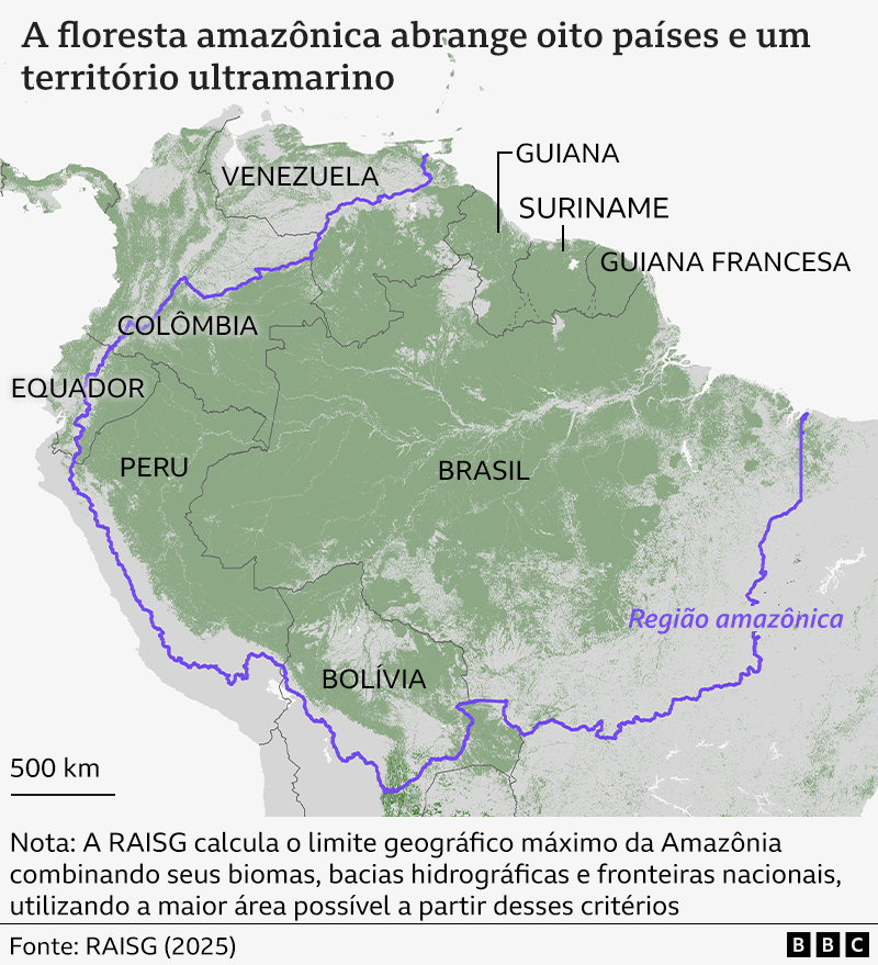 Mapa mostra a região amazônica, além dos oito países e um território ultramarino que fazem parte dela