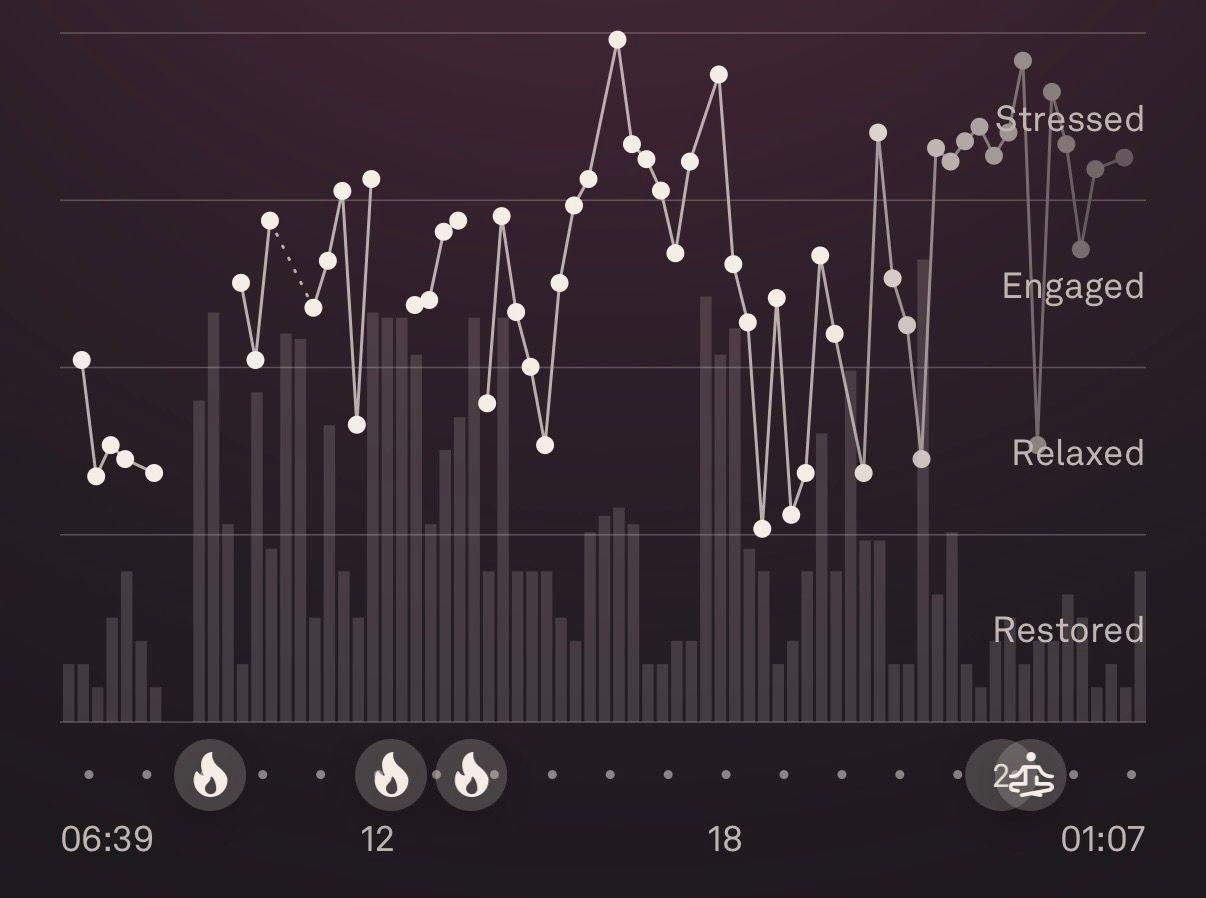 C&oacute;pia de tela mostrando as estat&iacute;sticas do aplicativo de atividade f&iacute;sica em um gr&aacute;fico de linhas. No eixo vertical, os dizeres (em ingl&ecirc;s): descansada, relaxada, ativa ou estressada.