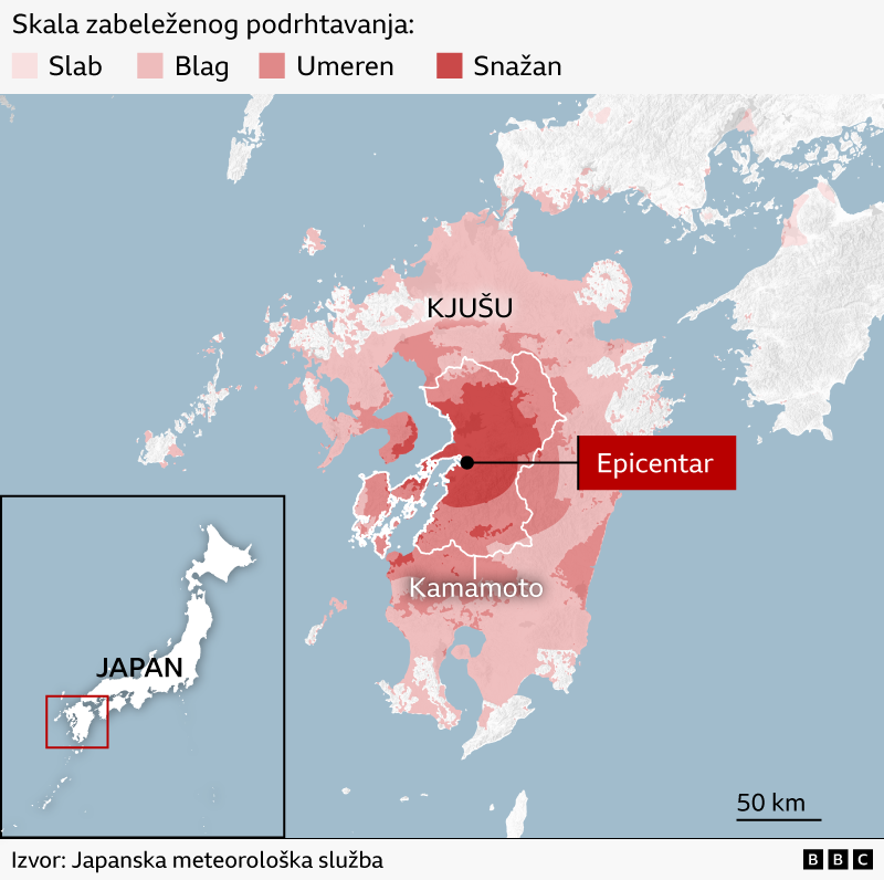 Mapa Japana sa tačkama gde je bilo podrhtavanja tla