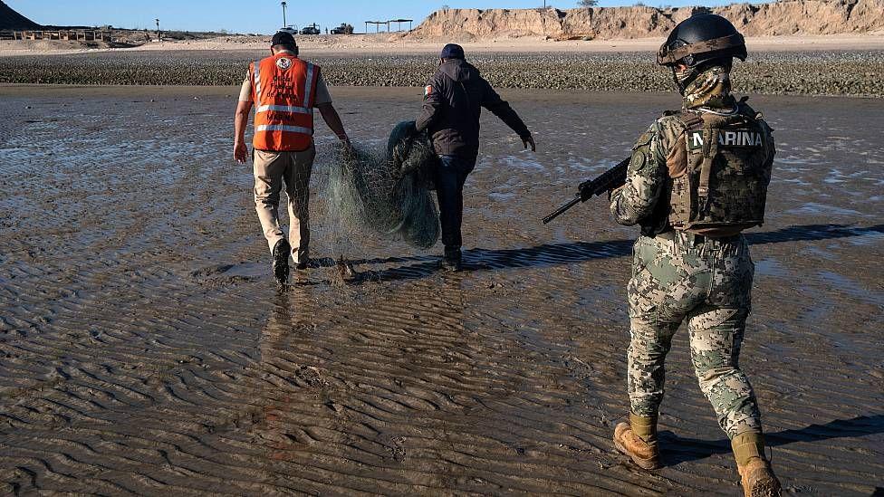 Integrantes de la Secretaría de Marina y otros funcionarios cargan una red de enmalle confiscada
