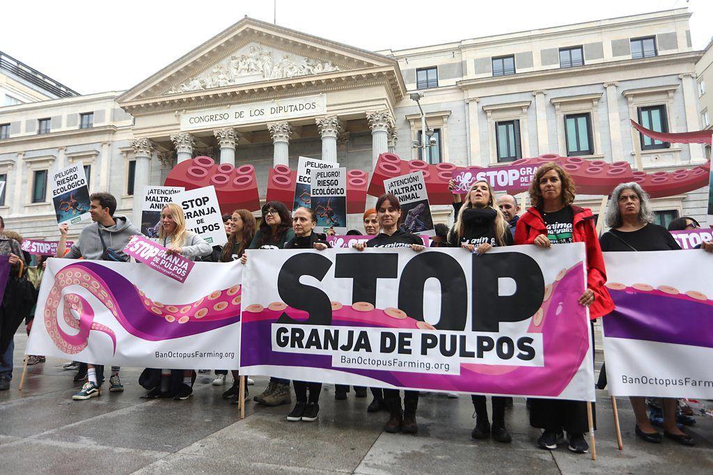 Un grupo de activistas sostiene una pancarta y carteles durante la manifestación frente al Congreso de los Diputados para exigir al gobierno que impida a la empresa pesquera Nueva Pescanova construir una granja de pulpos en Las Palmas.