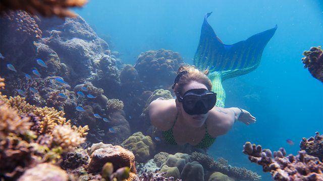 Mulher com cauda de sereia nadando entre os recifes