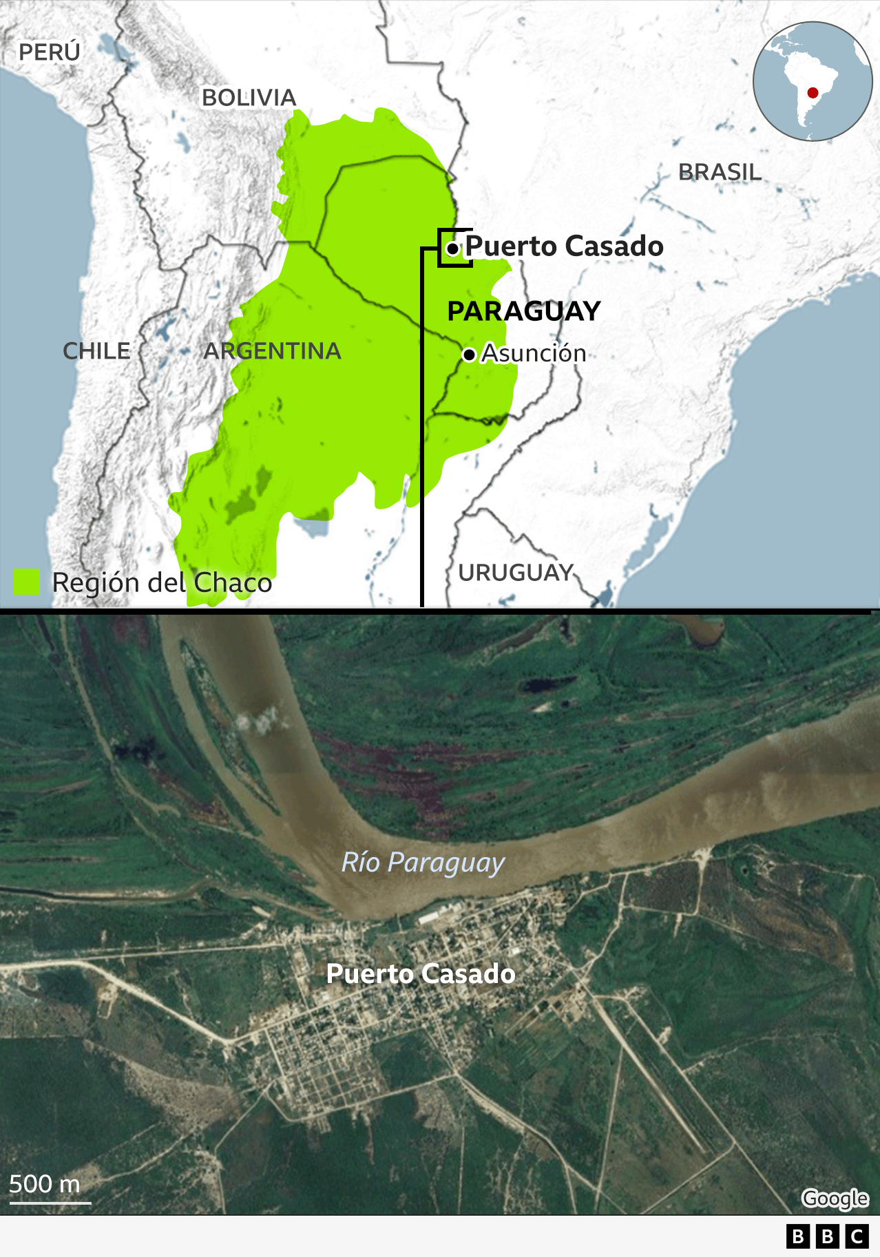 Mapa de la ubicación de Puerto Casado en Paraguay. Está en el occidente del país, en tierras que correspoden a la región boscosa del Chaco.