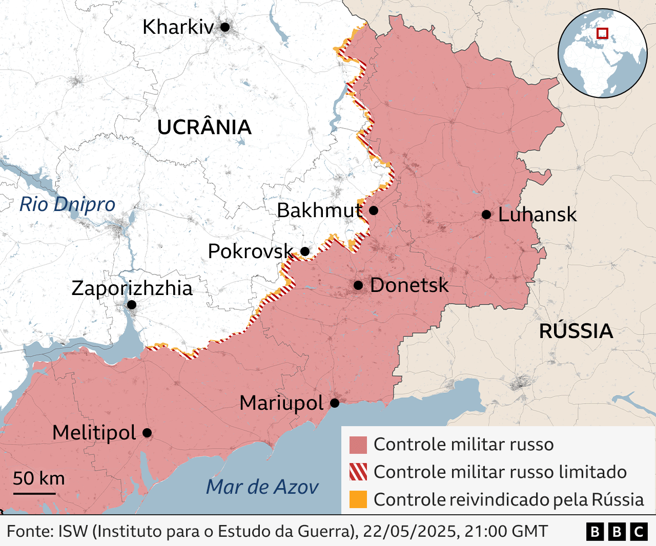 Mapa mostrando áreas ocupadas pela Rússia no sudeste da Ucrânia