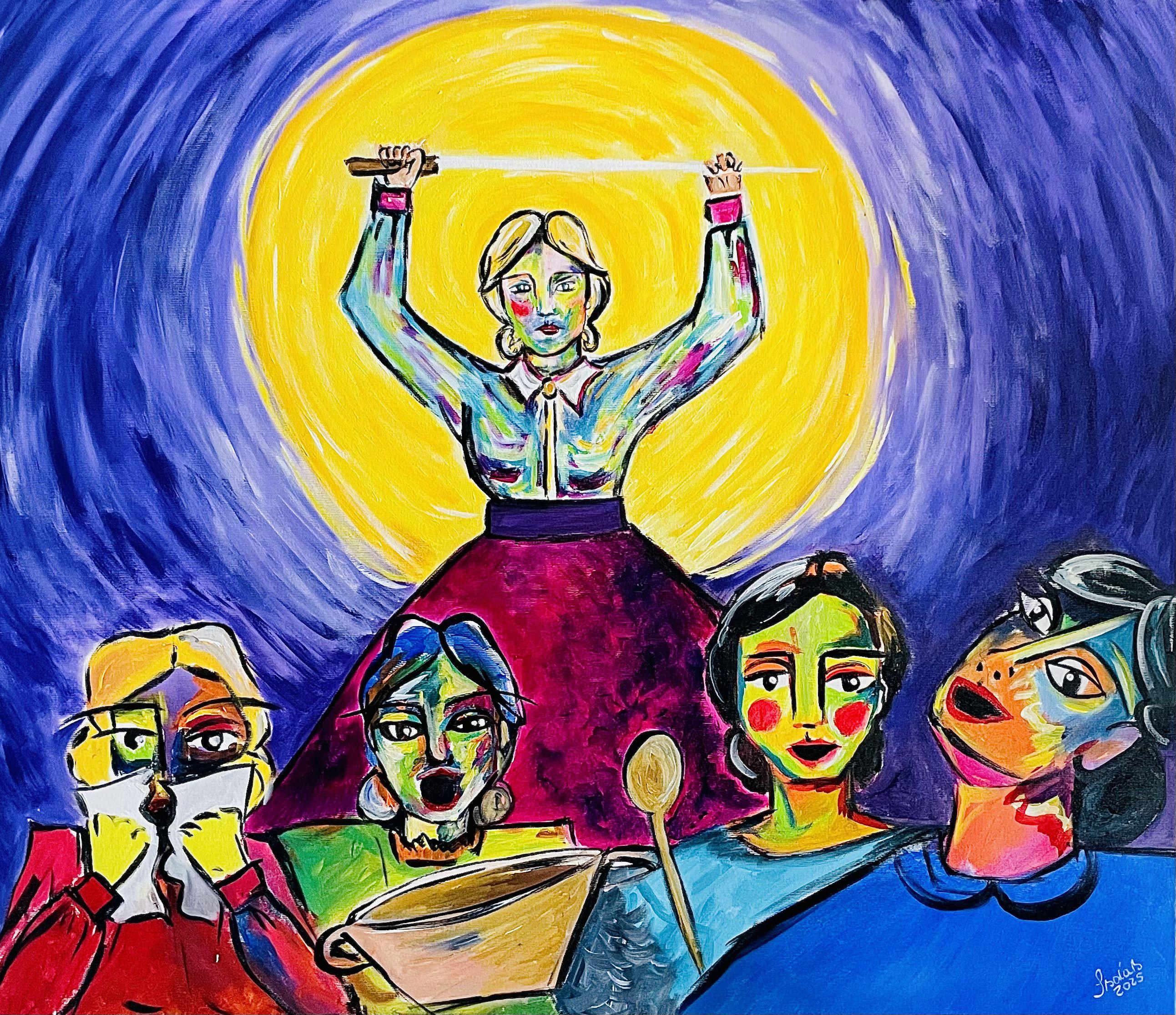 Pintura de una mujer con un pincho largo en sus manos y los brazos en alto, y otras cuatro mujeres delante.
