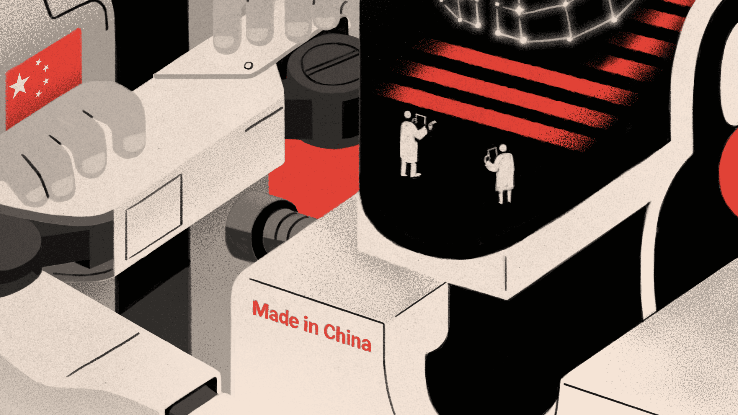 Una ilustración muestra a un trabajador con una bandera china en el pecho manejando un robot con la inscripción
