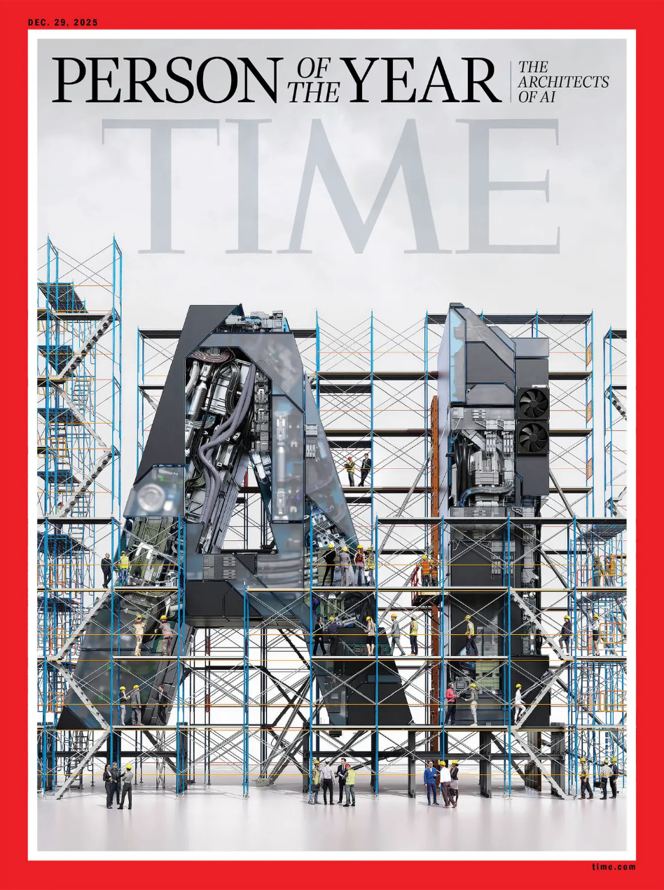 La otra portada de Time muestra las letras AI, siglas de "inteligencia artificial" en inglés, rodeadas de obreros de la construcción. Es como si estuvieran construyendo una estatua gigante con esas letras, utilizando piezas de computadora.