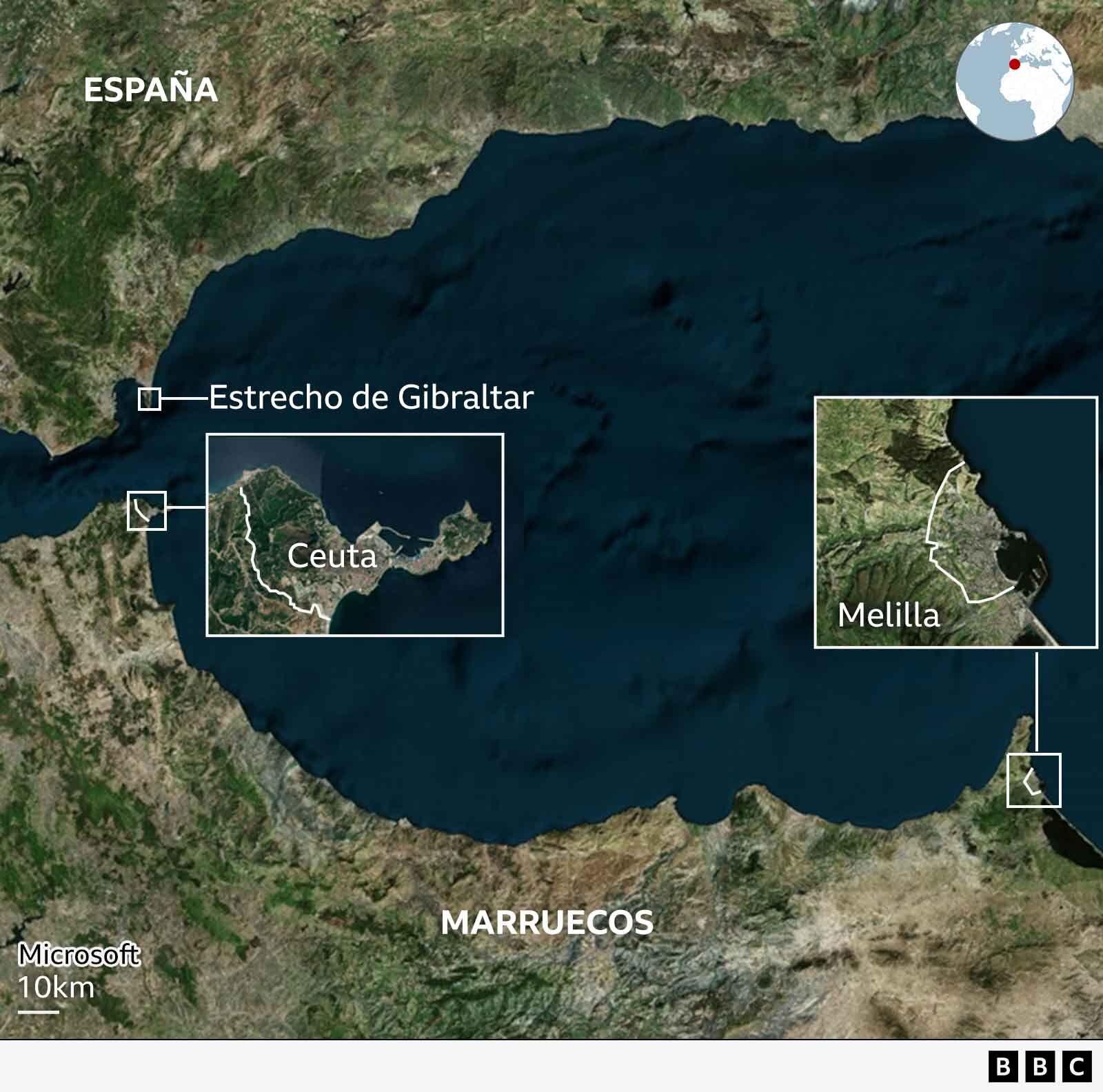 Mapa de España y Marruecos que muestra a las ciudades de Ceuta y Melilla