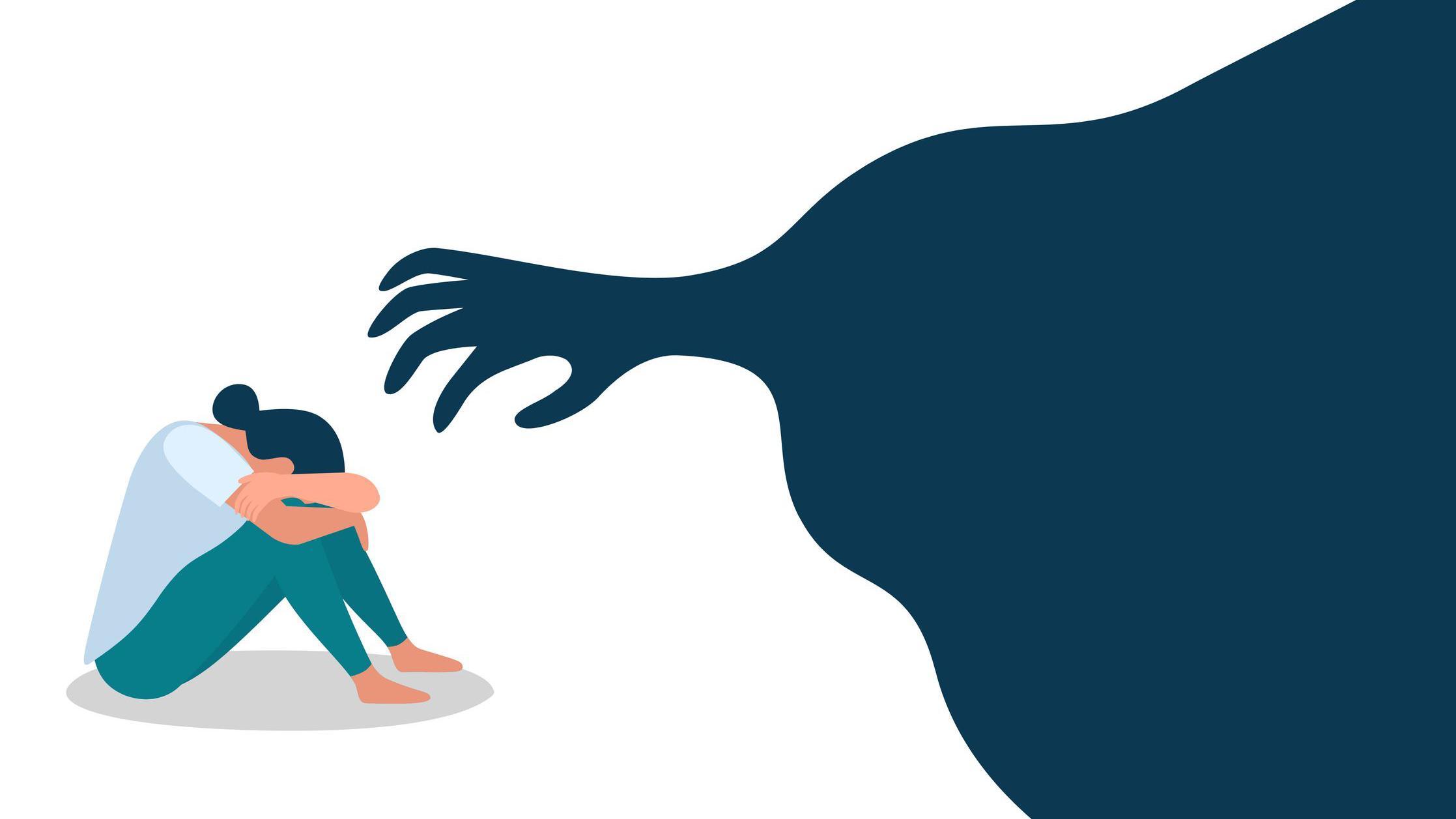 Ilustra&ccedil;&atilde;o mostra m&atilde;o em dire&ccedil;&atilde;o a uma menina, sentada, em posi&ccedil;&atilde;o de choro