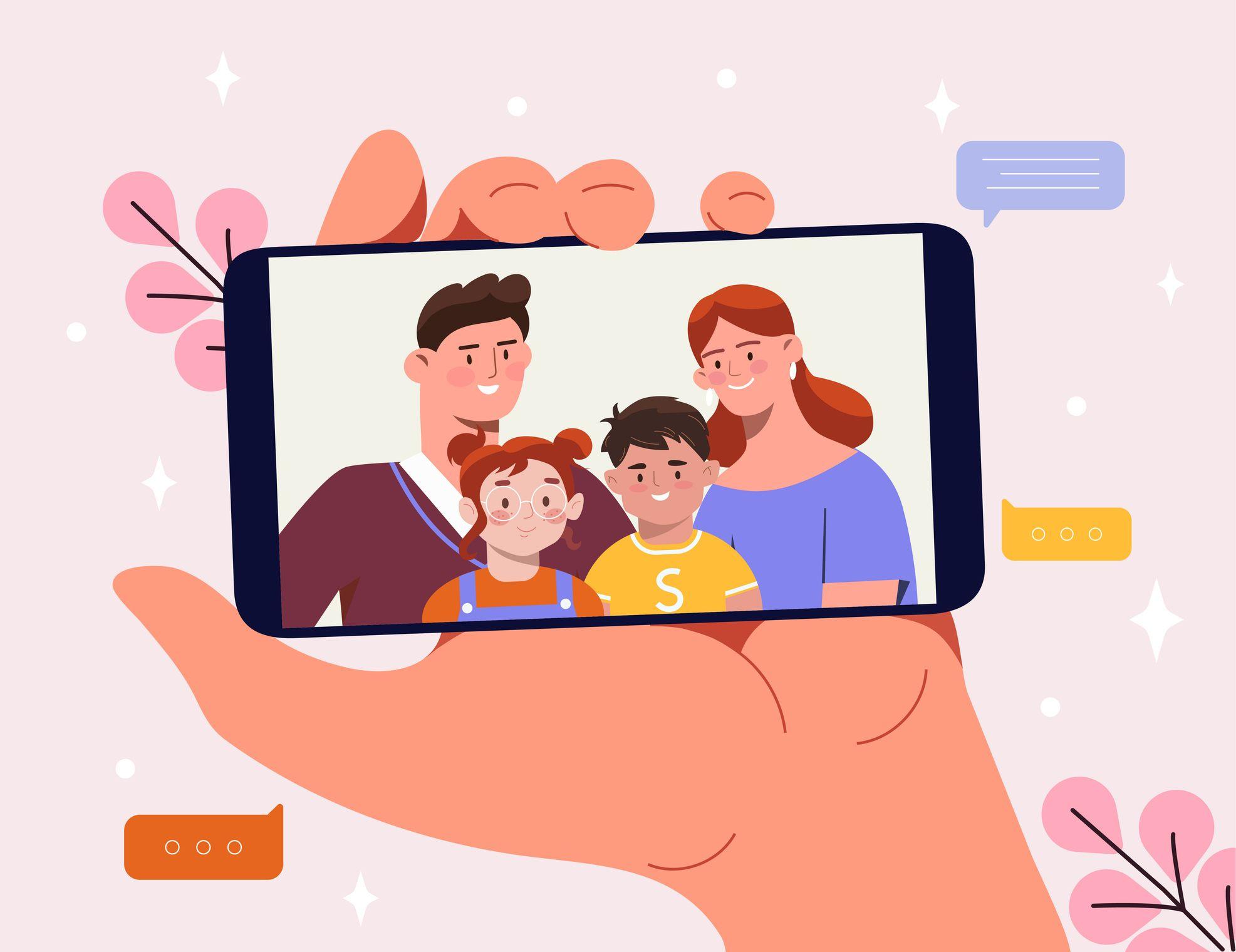 مكالمة فيديو مع العائلة. ظهور العائلة على شاشة الهاتف الذكي