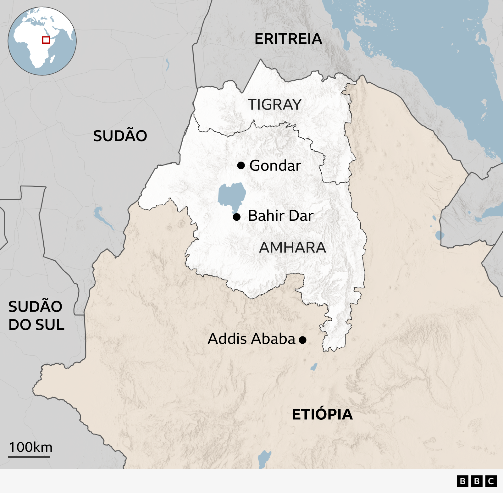 Mapa mostra a localização de Amhara, no noroeste da Etiópia. A região de Tigray fica ao norte de Amhara. Também aparecem os países vizinhos: Eritreia, ao norte, e Sudão e Sudão do Sul, a oeste.