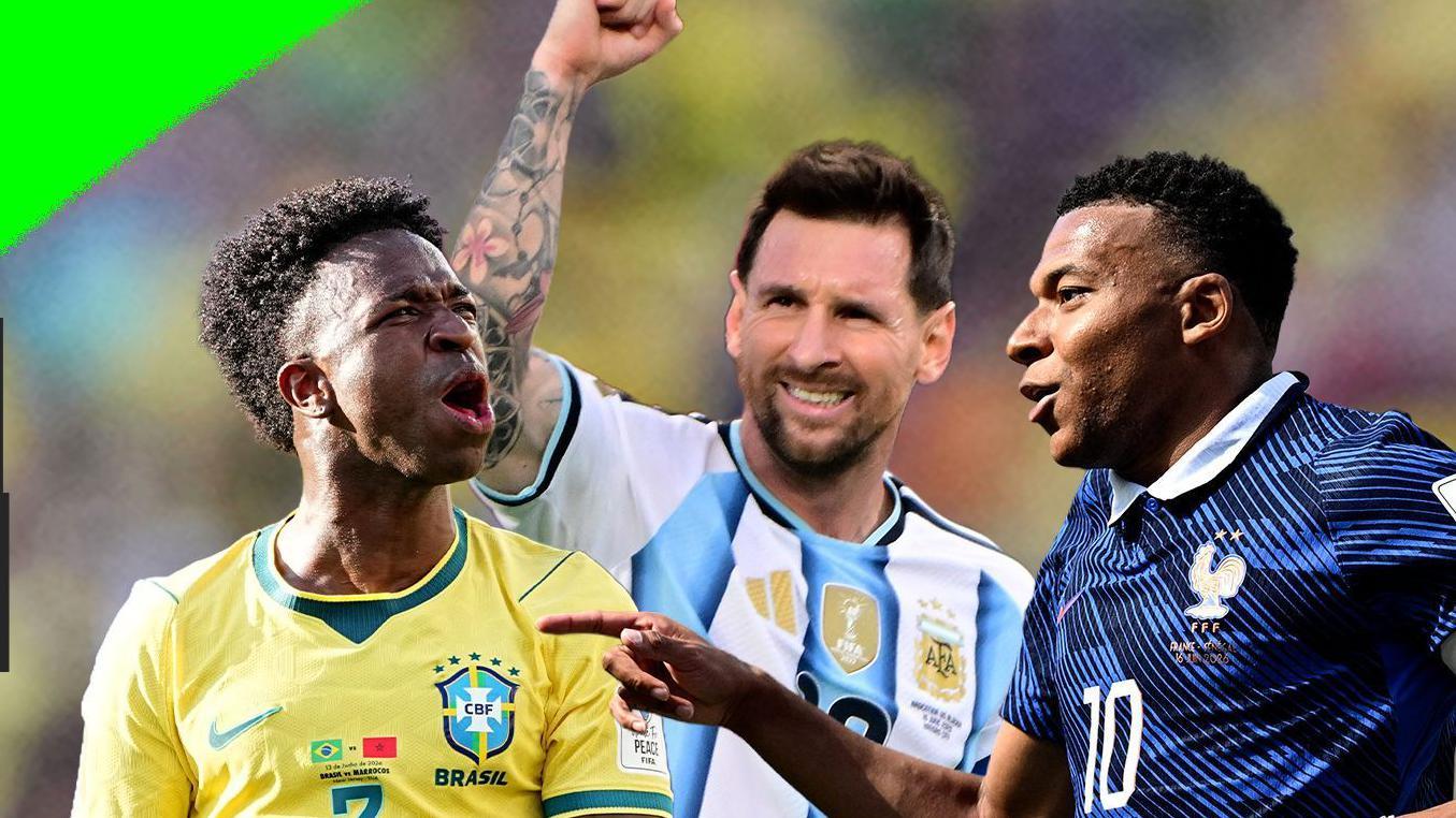 Una foto compuesta con Vinicius Junior, Lionel Messi y Kylian Mbappe con los respectivos uniformes de su selección