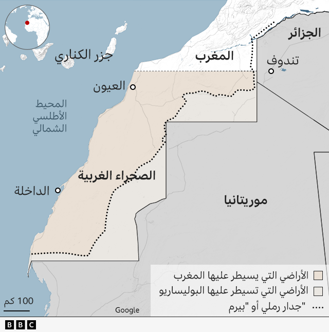 خريطة للمغرب ومنطقة الصحراء الغربية ومدينة العيوان السياحية 
