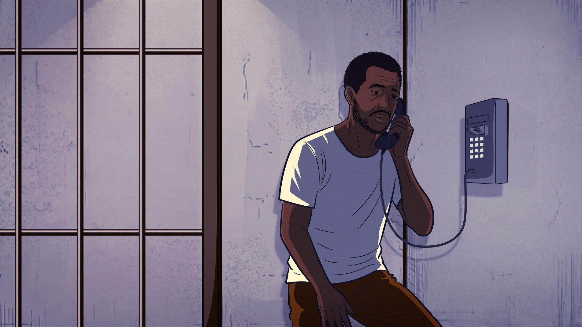 Ilustración de un hombre hablando por teléfono fijo en la pared. Viste una camiseta blanca y pantalones naranjas. A la izquierda de la imagen se aprecian unos barrotes de prisión.