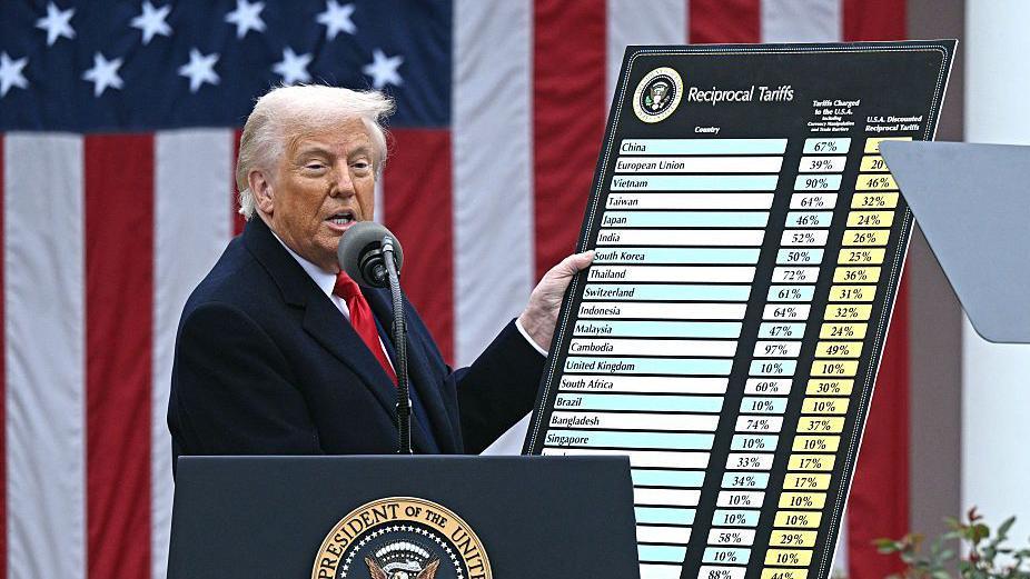 Donald Trump sostiene un cartel en el que se muestra la lista de países con los aranceles.