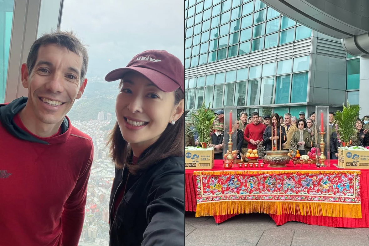 左圖為台北101董事長賈永婕與霍諾德合照，右圖是活動前夕眾人進行拜拜儀式祈求平安