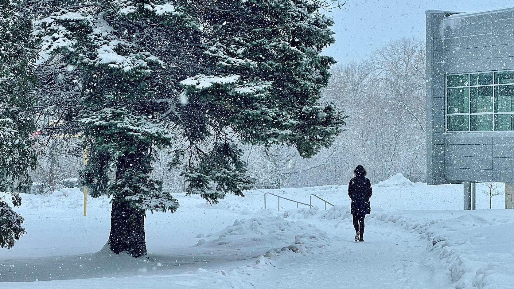 Estudiante abriéndose paso a través de un paisaje invernal hacia su campus universitario.