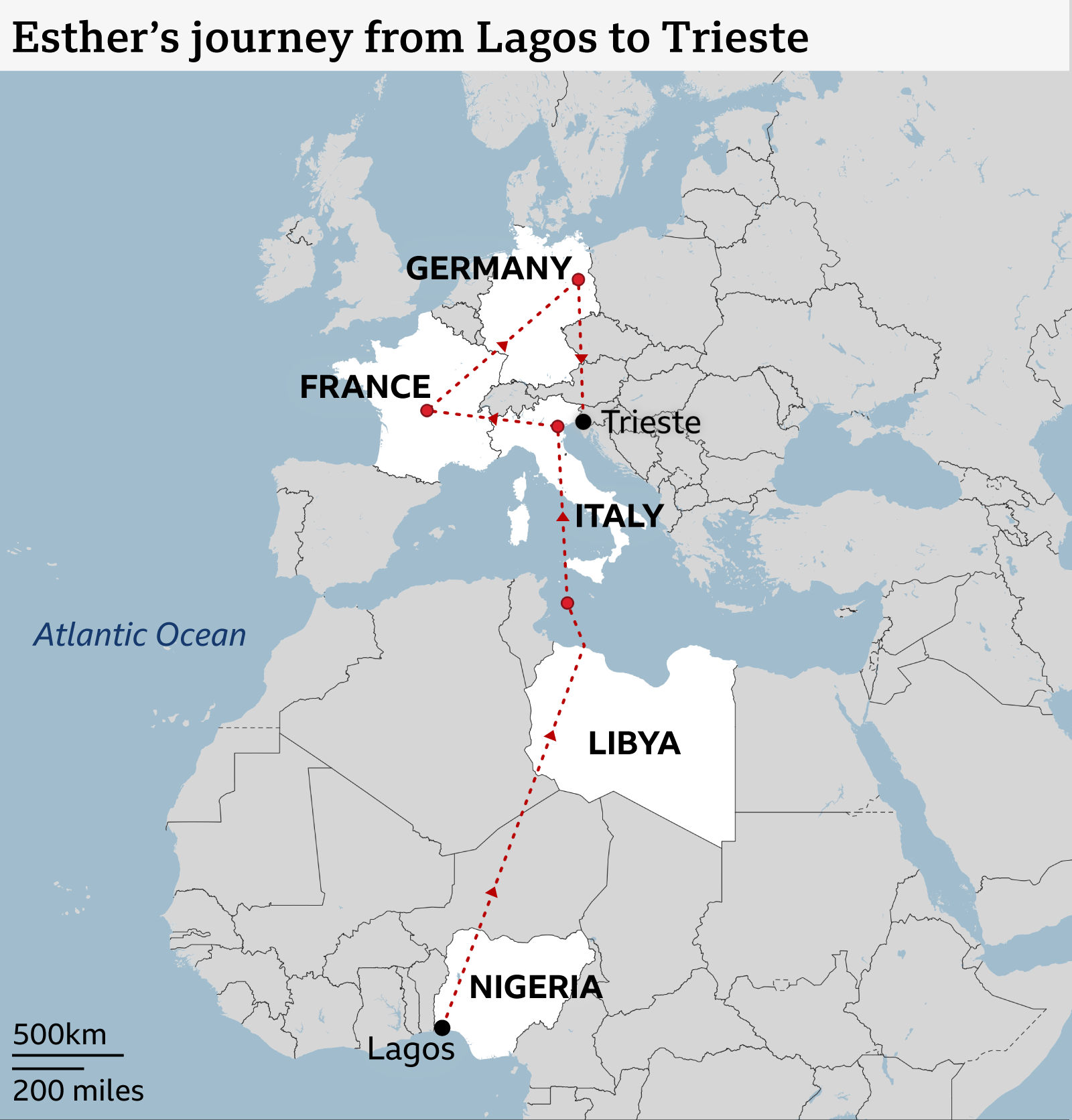 Peta yang menunjukkan perjalanan Esther dari Nigeria menujuk Libya, Italia, Prancis, Jerman, sampai akhirnya kembali ke Italia.