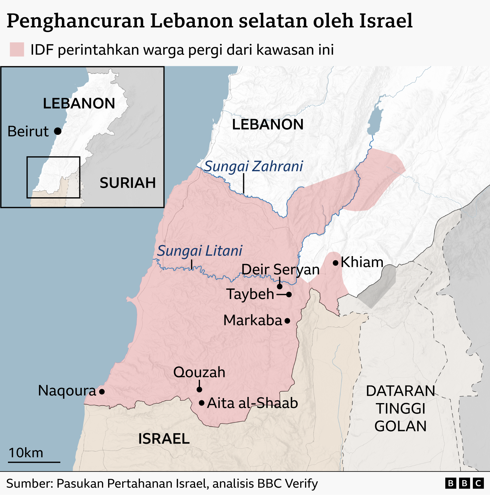 Peta yang menunjukkan lokasi tujuh desa dan kota di Lebanon selatan tempat penggusuran Israel terjadi. Peta tersebut juga menampilkan area berwarna merah yang mewakili lokasi pemberitahuan evakuasi IDF.