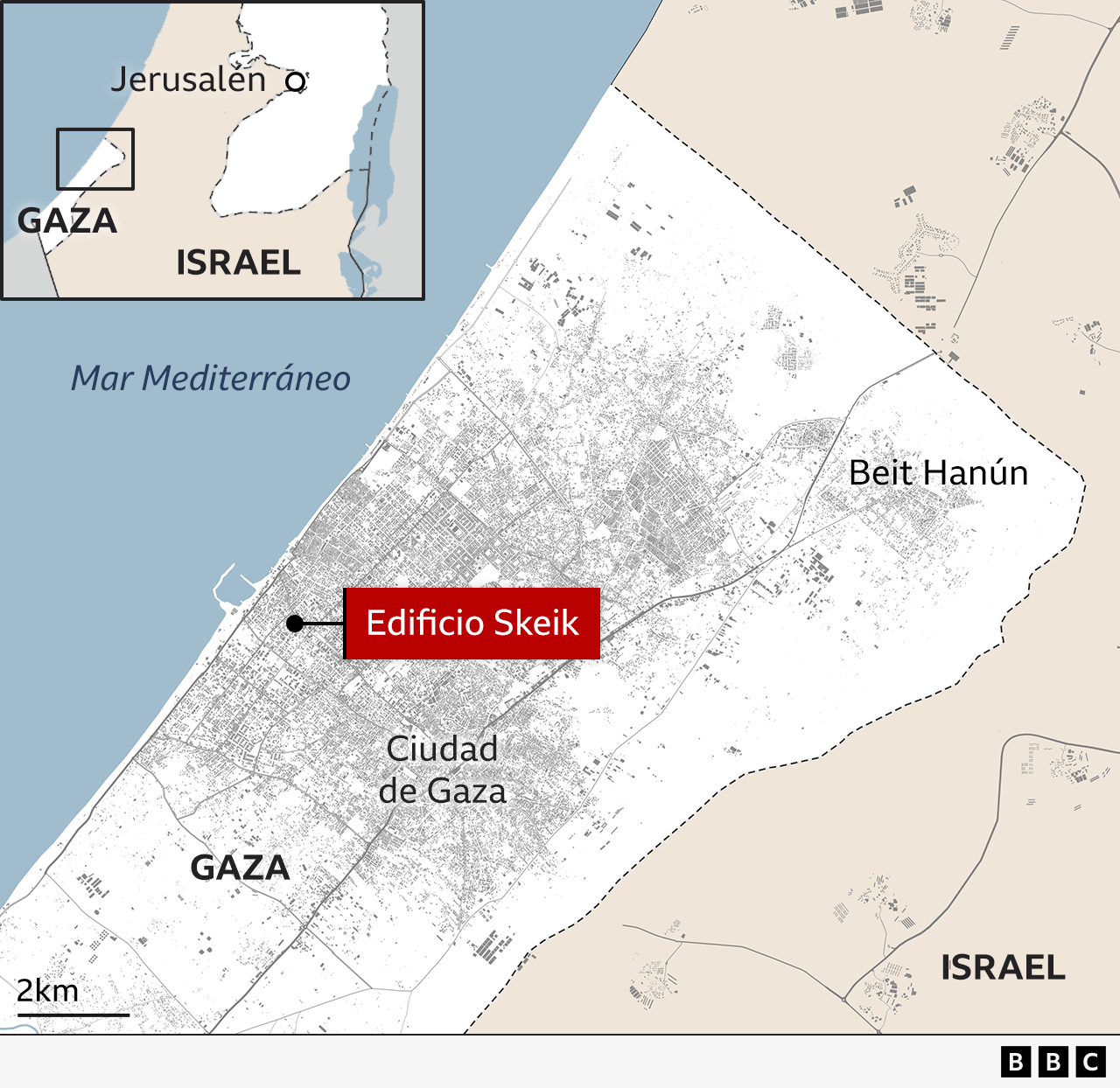 Un mapa señala el edificio Skeik en Ciudad de Gaza.