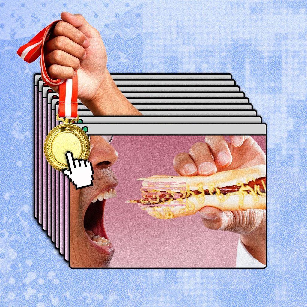 Montagem de homem comendo cachorro-quente