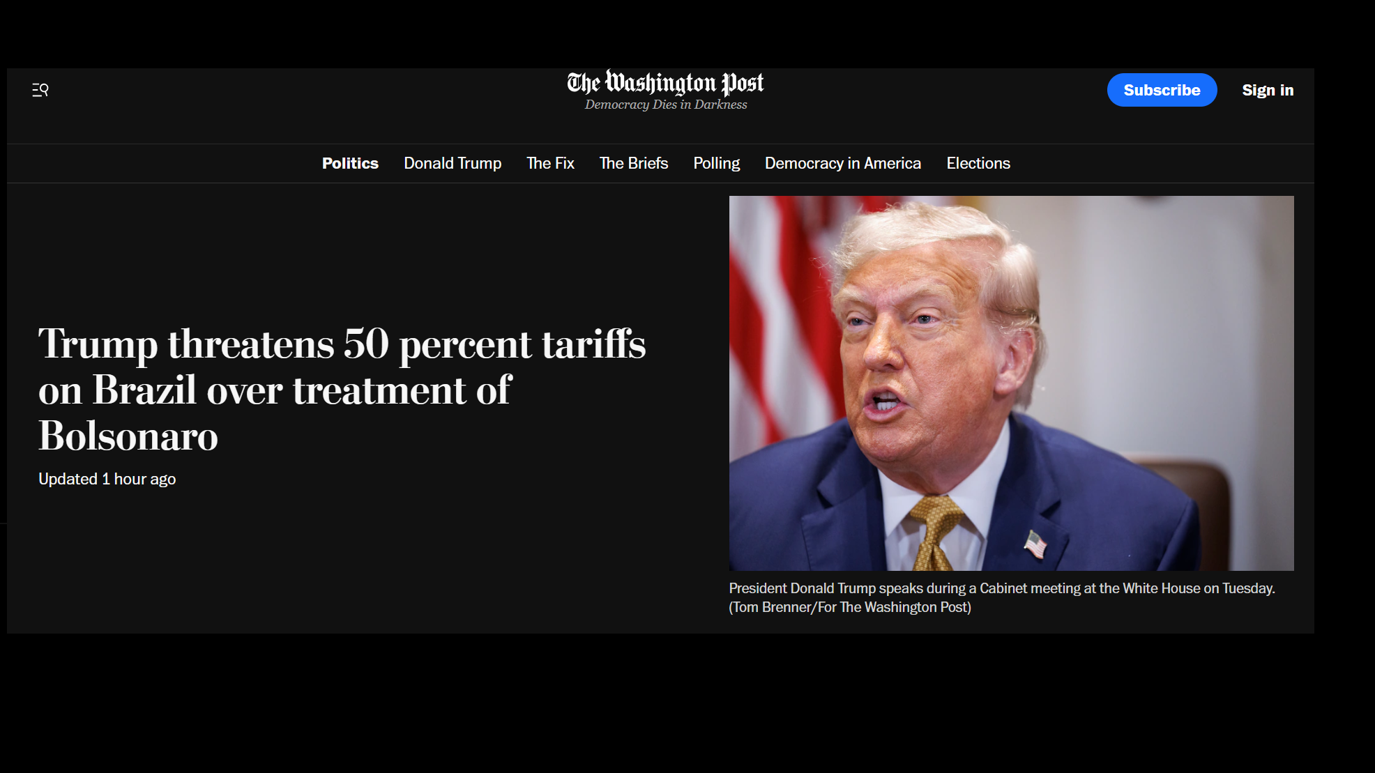 Print do site do The Washington Post com matéria sobre novas tarifas de Trump ao Brasil